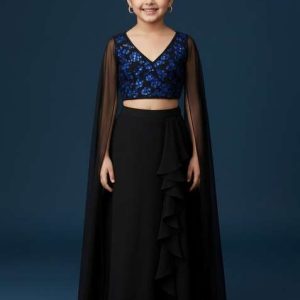 girls black and blue embroidered georgette fusion set