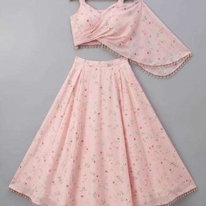 pink silk floral print lehenga set for girls