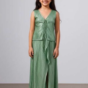 green satin textured fusion set for girls