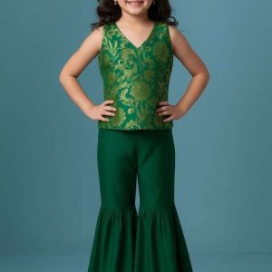 girls green embroidered georgette sharara set