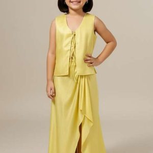 yellow satin textured fusion set for girls