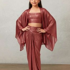 girls maroon solid satin fusion set