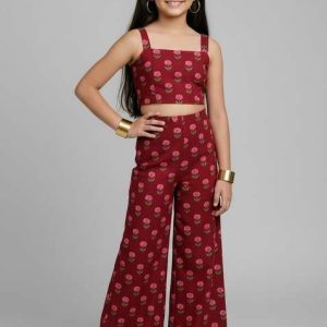 girls maroon floral print chanderi fusion set