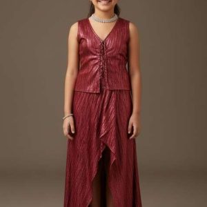 maroon satin textured fusion set for girls