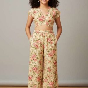 girls off white floral print silk co ord set