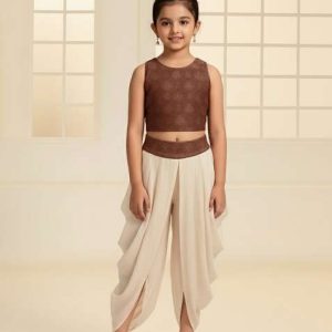 girls brown figure print organza fusion set