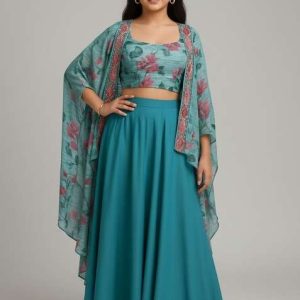 girls sea blue floral print georgette fusion set