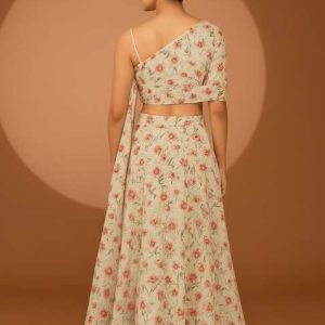 girls pista green floral print satin fusion set