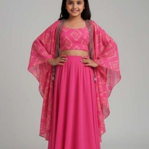 girls pink figure print georgette fusion set