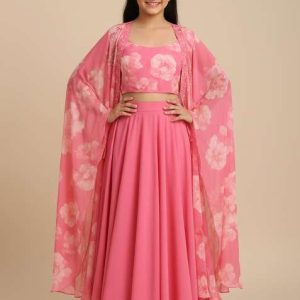 girls pink floral print georgette fusion set