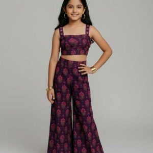 girls purple floral print chanderi fusion set