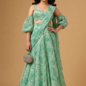 sea green chinon floral print pre draped saree set for girls