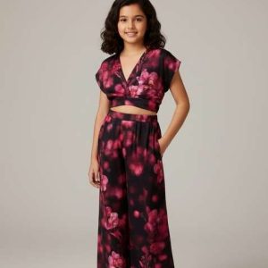 girls black and pink floral print georgette co ord set