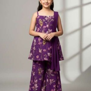girls purple floral print chiffon fusion set