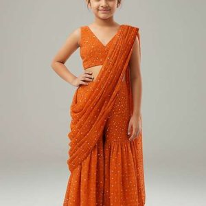 girls orange embroidered georgette fusion set