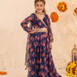 navy printed lehenga with blouse with dupatta (set of 3)