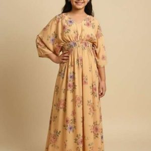 girls beige floral print satin fusion set