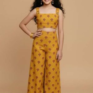 girls yellow floral print chanderi fusion set
