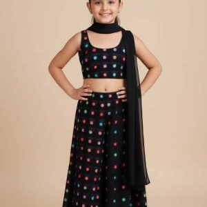 girls black abstract print satin fusion set