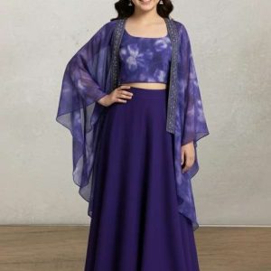 girls violet floral print georgette fusion set