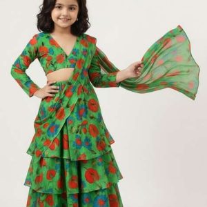 green chinon floral print pre draped saree set for girls