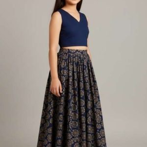 girls navy blue floral print silk fusion set