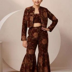 girls wine floral print satin fusion set