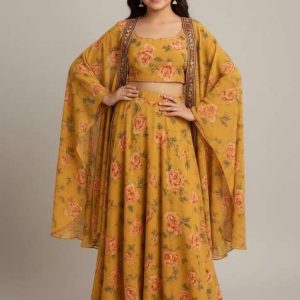 girls yellow floral print crepe fusion set