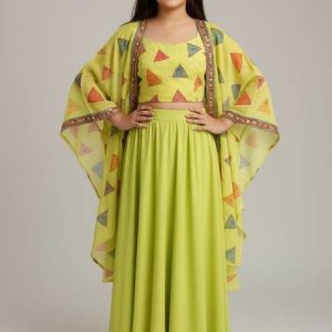 girls lemon yellow abstract print georgette fusion set