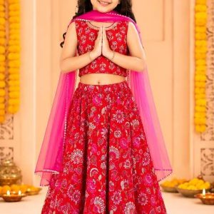 red cotton lehenga set for girls