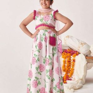 wine printed lehenga with blouse with dupatta (set of 3)