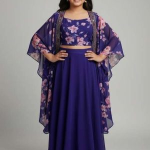 girls violet floral print satin fusion set