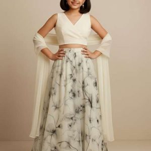 girls white floral print muslin fusion set