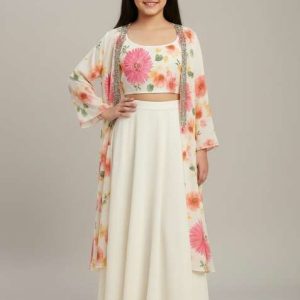 girls white floral print georgette fusion set