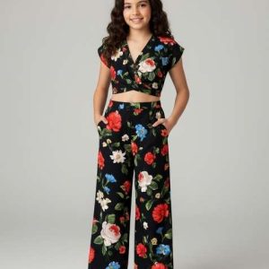 girls black floral print silk co ord set