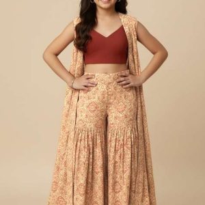 girls beige floral print georgette fusion set