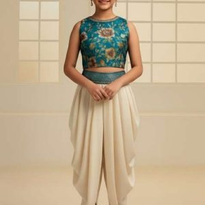 girls sea blue floral print organza fusion set