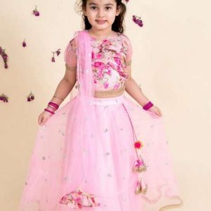 pink embellished lehenga with blouse with dupatta (set of 3)