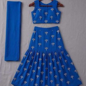 blue chanderi embroidered lehenga set for girls