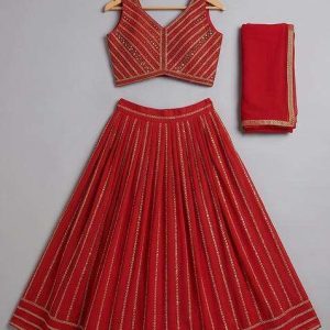 red silk embroidered lehenga set for girls