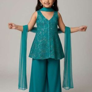 sea blue net sequin kurta set for girls