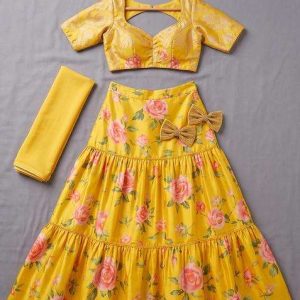 yellow satin floral print lehenga set for girls