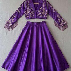deep purple chinon embellished lehenga set for girls