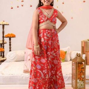 red printed lehenga with blouse with dupatta (set of 3)