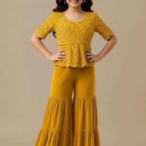 mustard yellow chinon silk embellished sharara set for girls