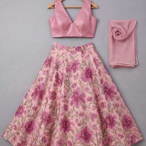 pink satin floral print lehenga set for girls
