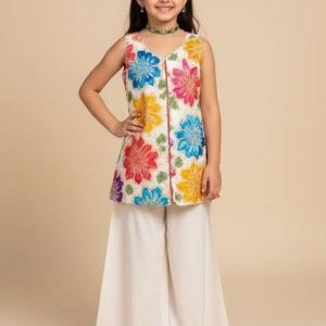white crepe embroidered kurta set for girls