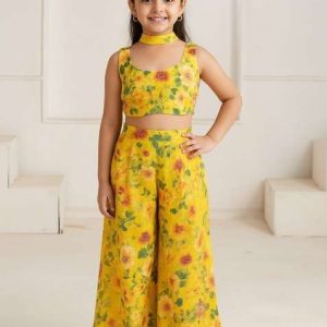 yellow georgette floral print fusion set for girls