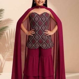 maroon velvet thread embroidered sharara set for girls