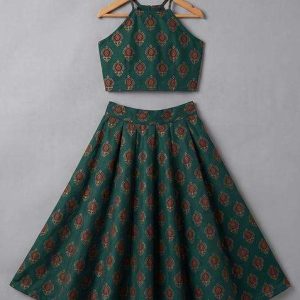 blue silk figure print lehenga set for girls
